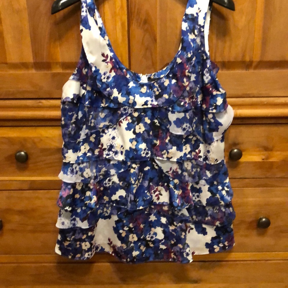 White House Black Market Blue Floral Ruffle Blouse